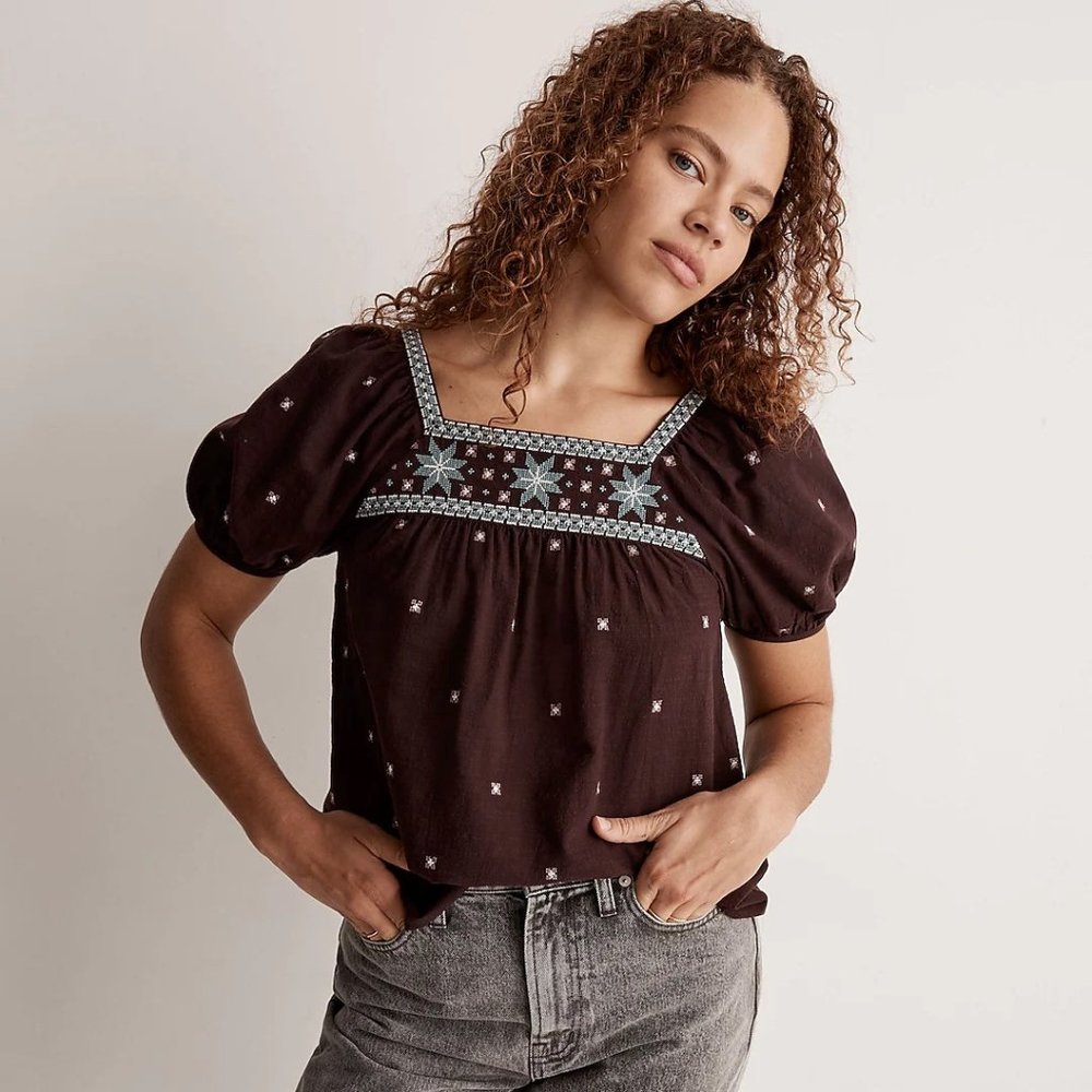 Madewell Embroidered Crinkle Cotton Bubble-Sleeve Top (Small, New with Tags)